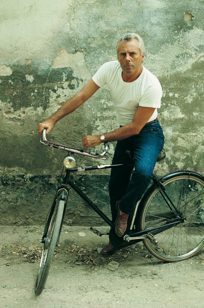 Giorgio Armani on a bicycle