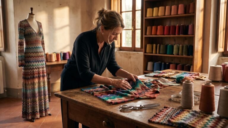 Female fashion designer examining colorful zigzag knitwear fabric on a wooden table in a sunlit atelier