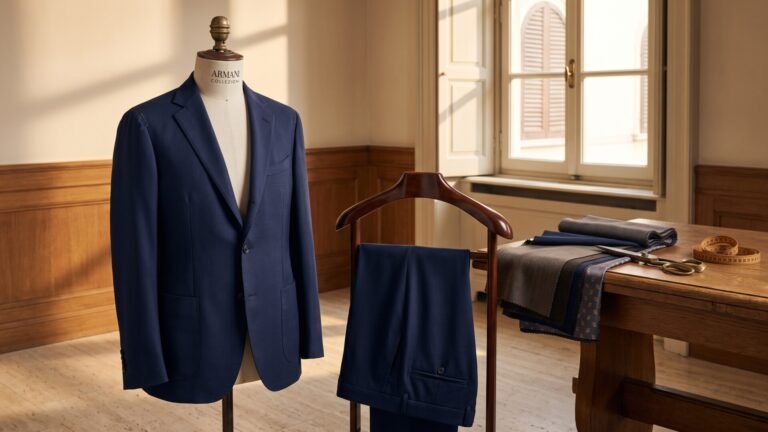 Tailored navy Armani Collezioni suit jacket on a mannequin beside trousers and fabric swatches in an atelier