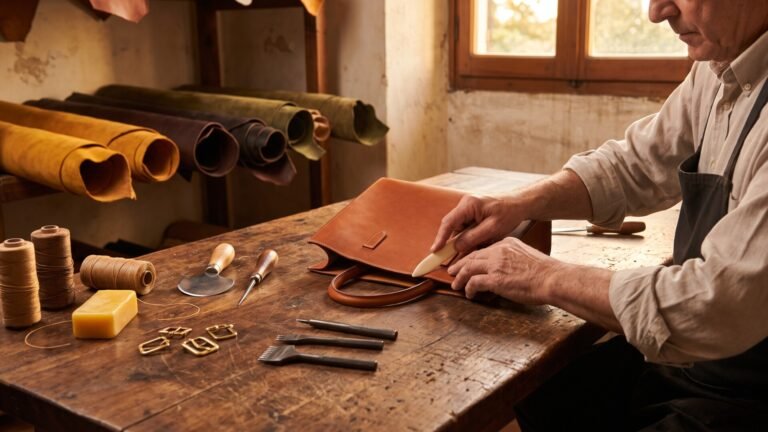Artisan using a hand tool to finish a handcrafted leather bag on a wooden workshop table