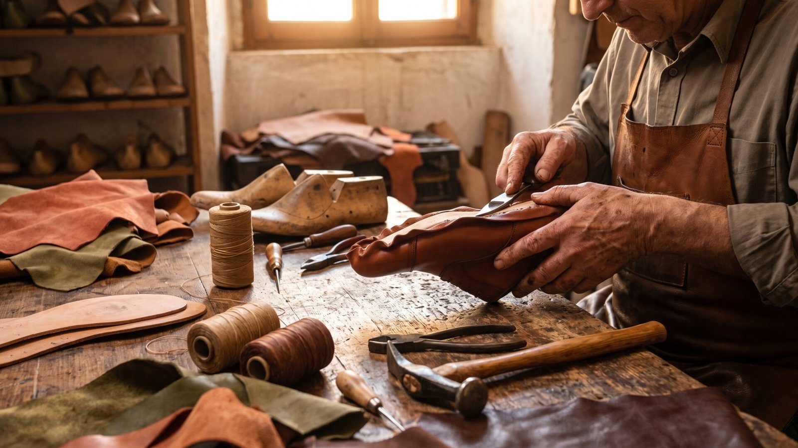 Artisan cobbler shaping a handcrafted leather dress shoe with tools on a wooden workbench