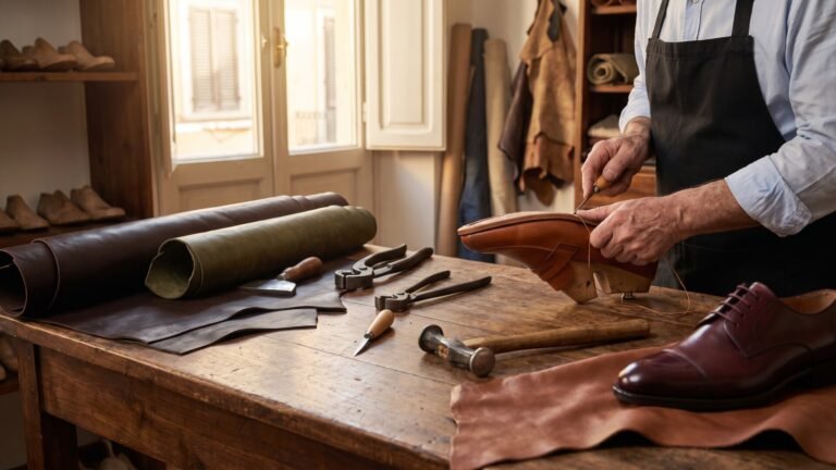 Shoemaker hand-stitching a luxury leather shoe sole on a wooden last at an artisanal workshop table