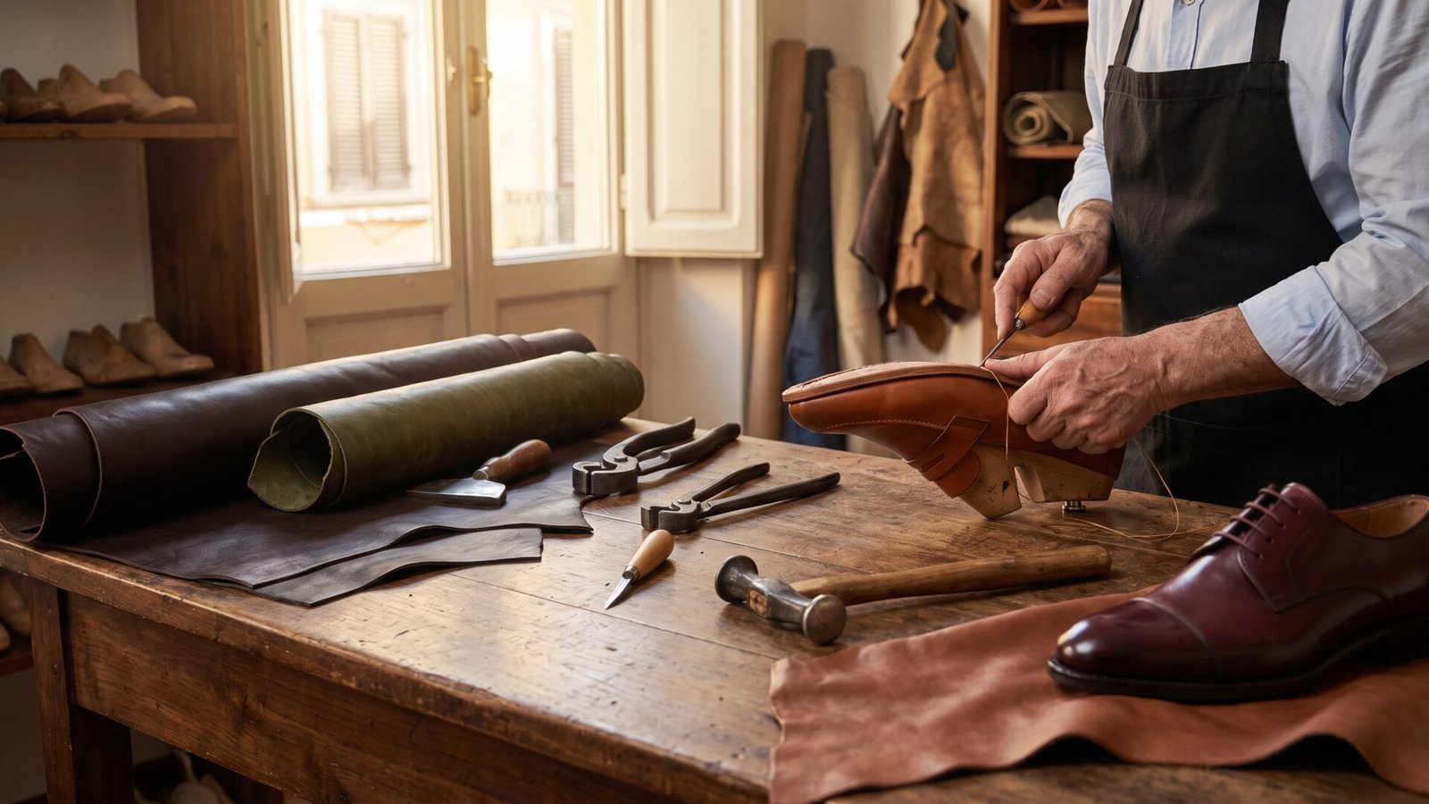 Shoemaker hand-stitching a luxury leather shoe sole on a wooden last at an artisanal workshop table