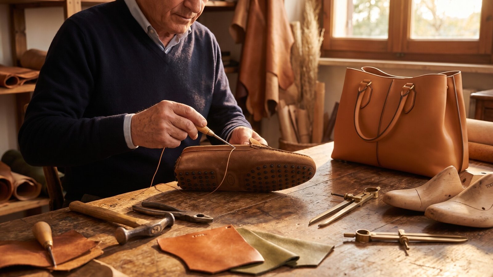 Italian artisan hand-stitching a brown Tod's Gommino driving loafer at a wooden workshop bench