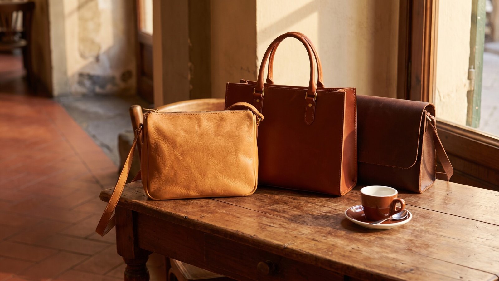 Three handcrafted Italian leather handbags in warm brown tones displayed on a rustic wooden table in a café
