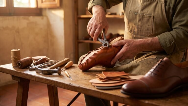 Artisan shoemaker stretching brown leather over a wooden last using pincers at a traditional workshop bench