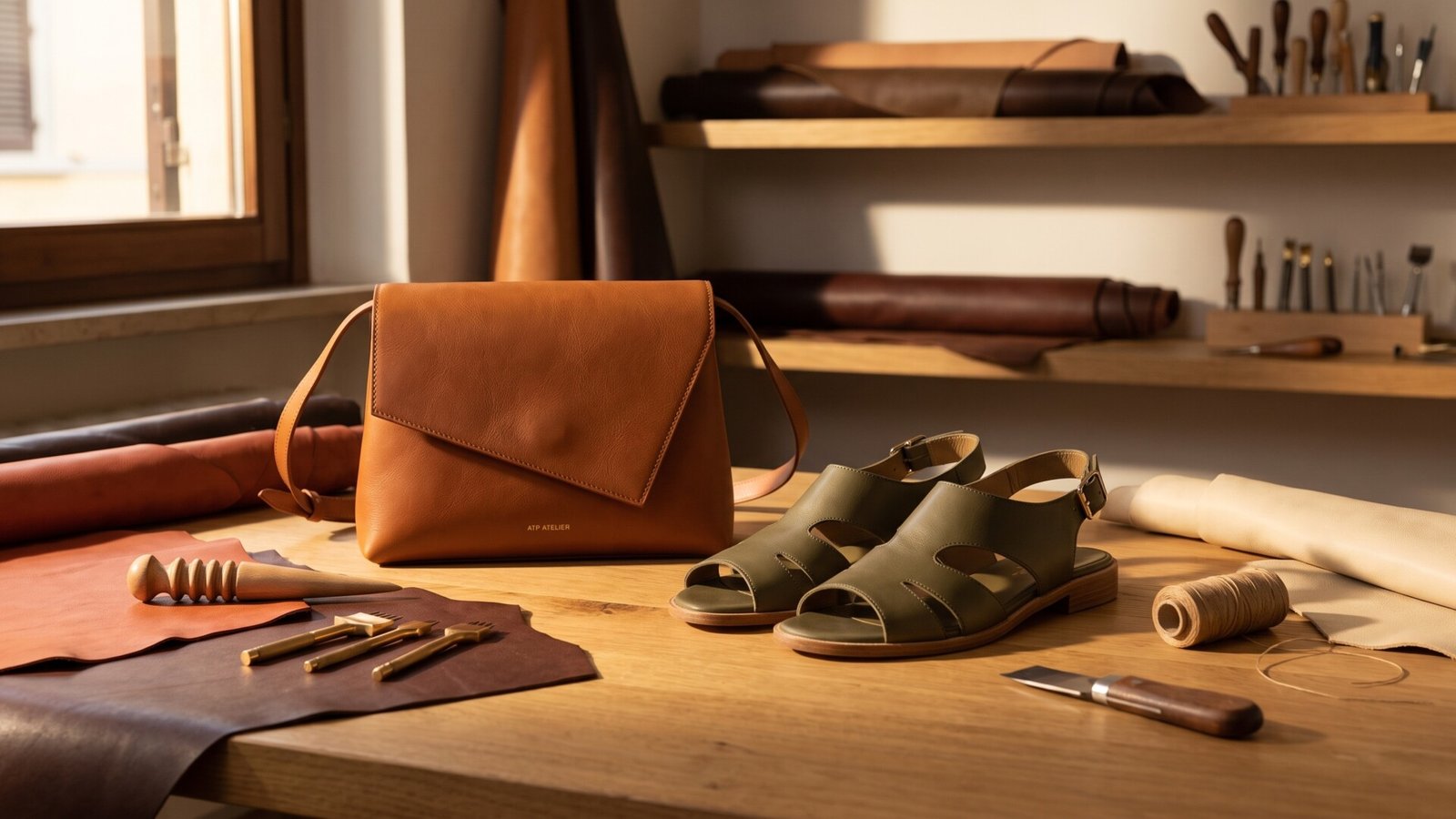 Tan ATP Atelier leather handbag and olive green sandals on a craftsman's workbench with leatherworking tools