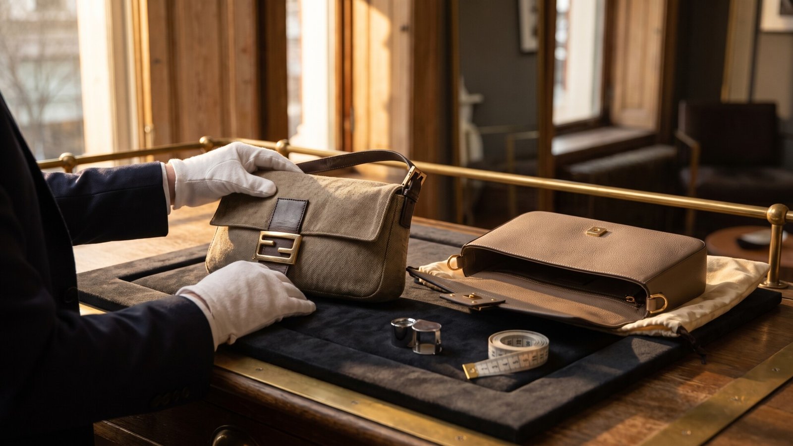 Appraiser in white gloves examining vintage canvas and leather Fendi Baguette bags on an evaluation tray