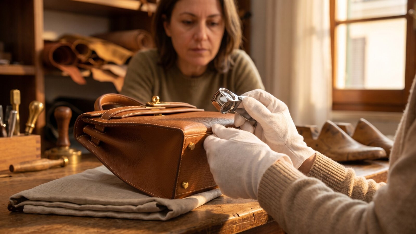 Inspector in white gloves examines the stitching on a luxury brown leather handbag with a loupe