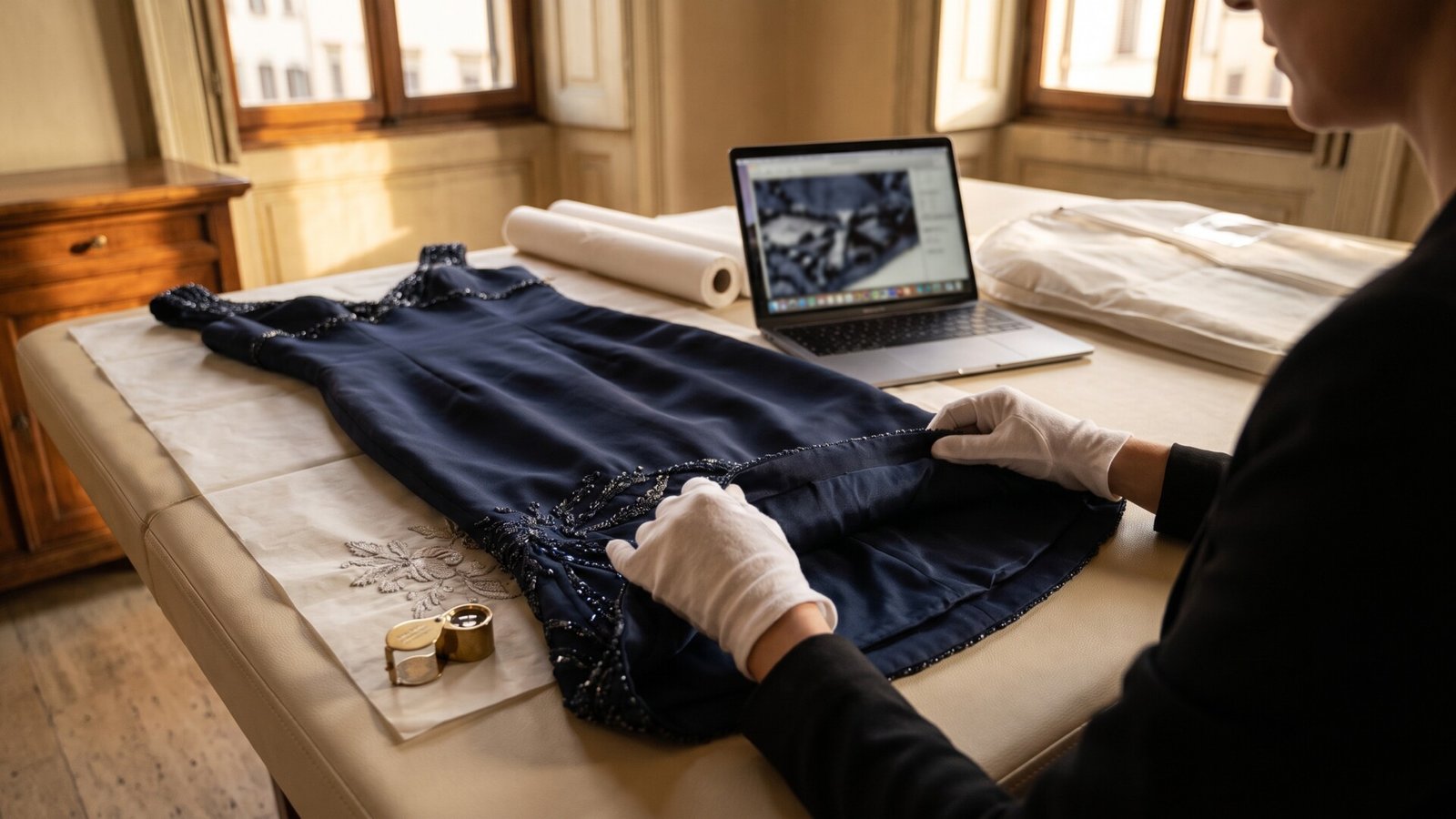 Specialist in white gloves inspecting the hem and beading of an Armani Privé dress beside a laptop and loupe