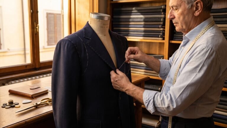 Tailor hand-stitching a bespoke navy suit jacket on a mannequin in a traditional workshop