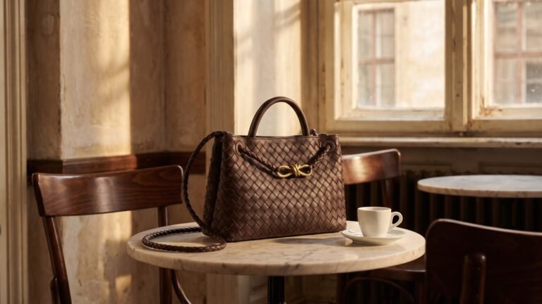 Brown woven Bottega Veneta Andiamo handbag next to an espresso cup on a marble cafe table