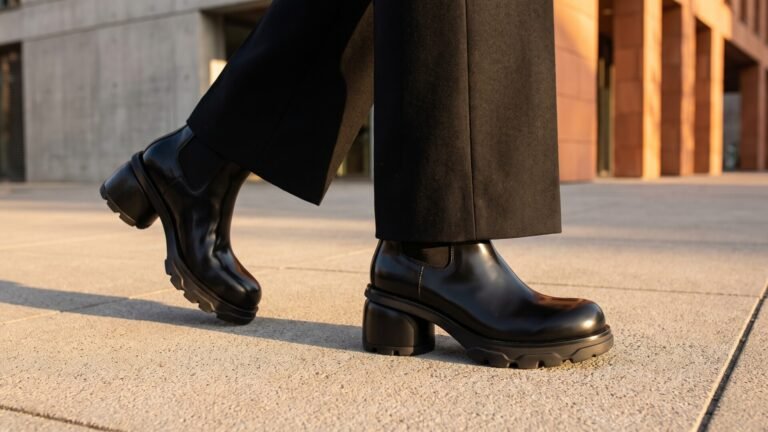 Black Bottega Veneta Atomic boots with chunky lug soles and rounded heels paired with black wide-leg trousers