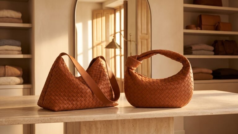 Brown Bottega Veneta Hop and Jodie woven leather bags sitting side by side on a marble table in warm light