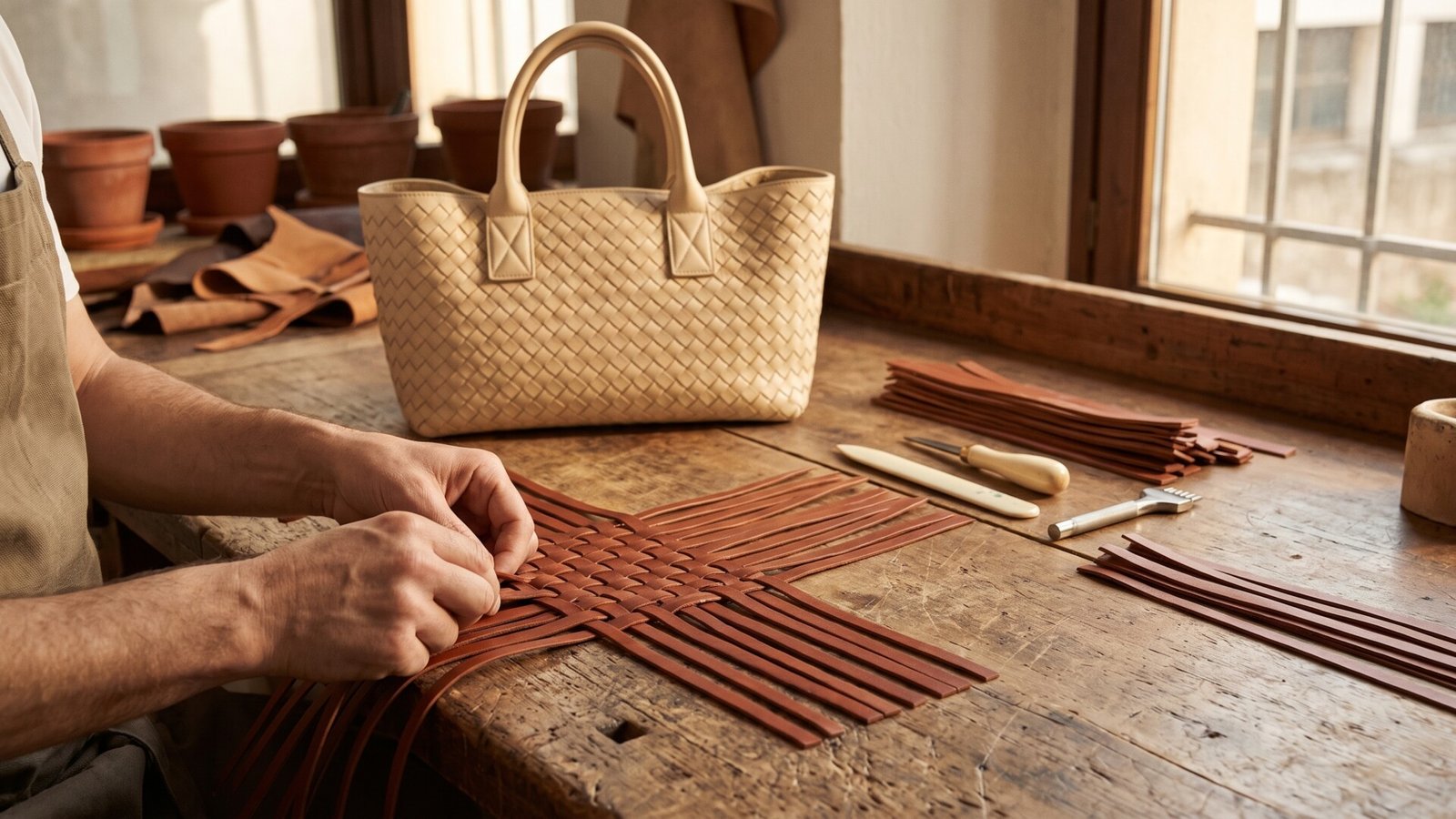 Artisan hand-weaving leather strips on a rustic workbench next to a completed woven tote bag and tools