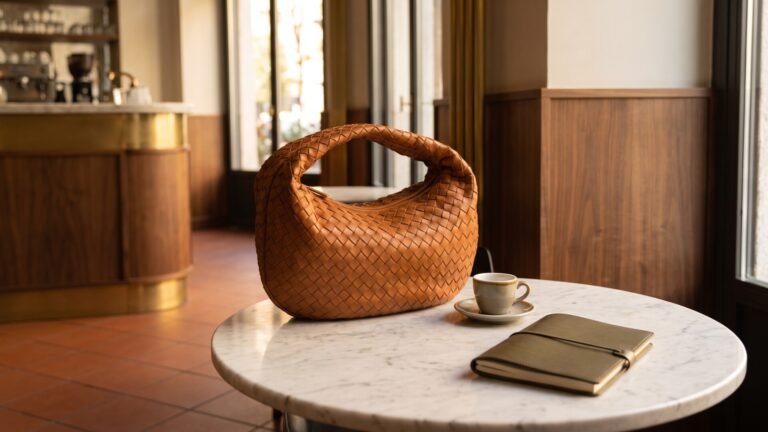 Caramel intrecciato woven leather Bottega Veneta hobo bag on a marble cafe table beside an espresso and notebook
