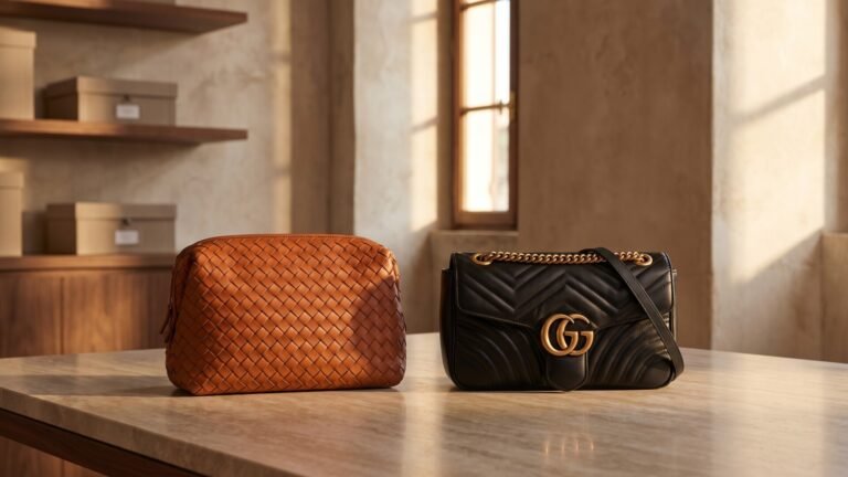 Bottega Veneta woven leather bag next to a black quilted Gucci Marmont bag on a marble counter