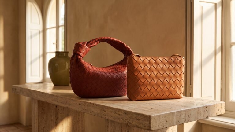 Bottega Veneta Jodie and Hop woven leather bags sitting on a stone console table in a sunlit room