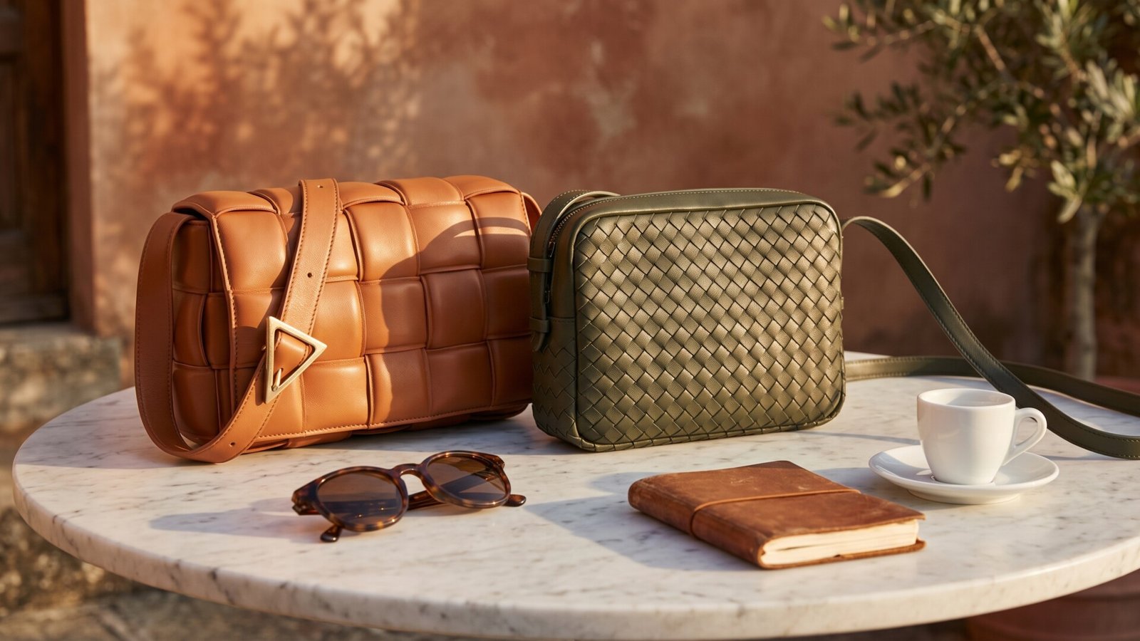 Two woven leather Bottega Veneta crossbody bags on a marble table with sunglasses and espresso