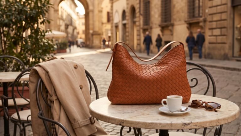 Brown Bottega Veneta woven leather shoulder bag sitting on an outdoor cafe table with an espresso and sunglasses