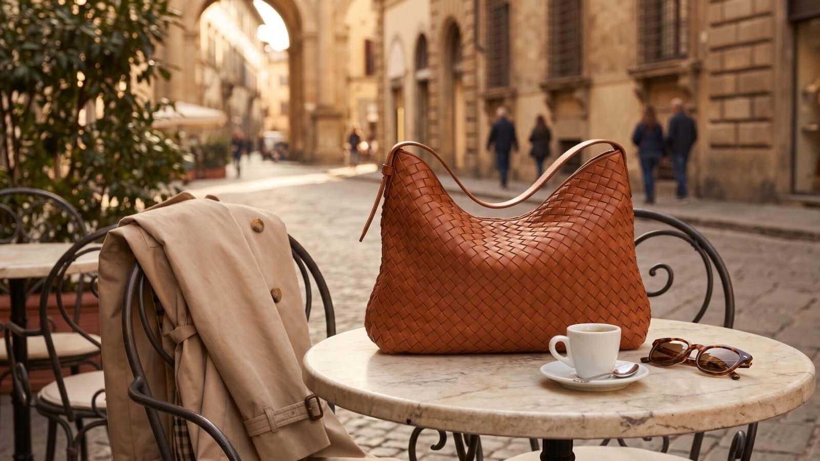 Brown Bottega Veneta woven leather shoulder bag sitting on an outdoor cafe table with an espresso and sunglasses