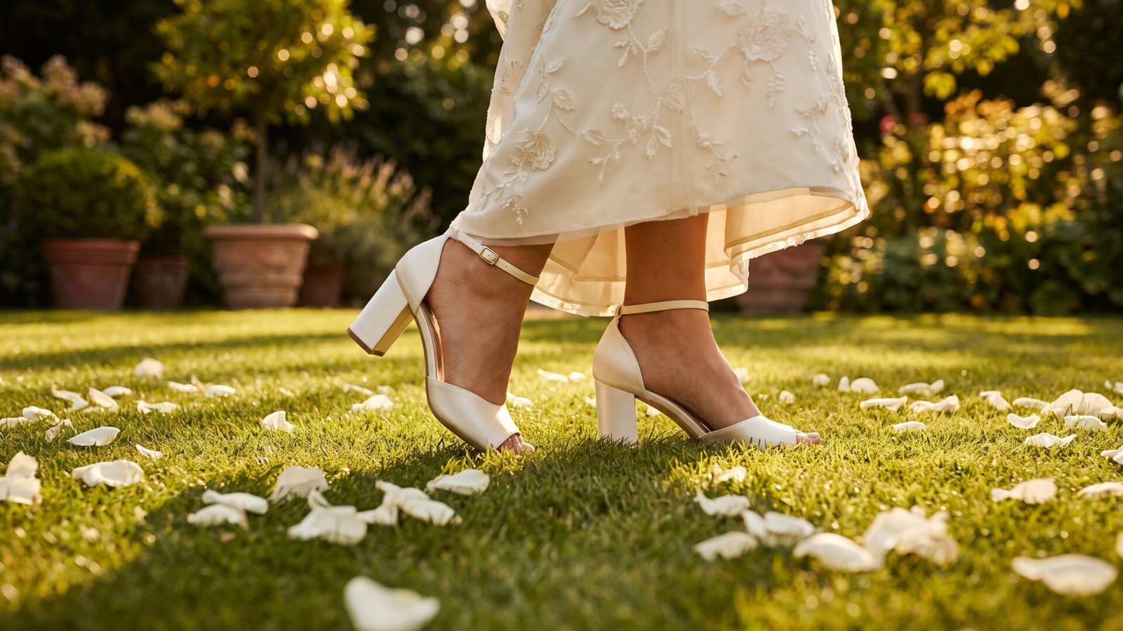 Bride in white block-heel wedding sandals walking across a lawn scattered with petals during an outdoor ceremony