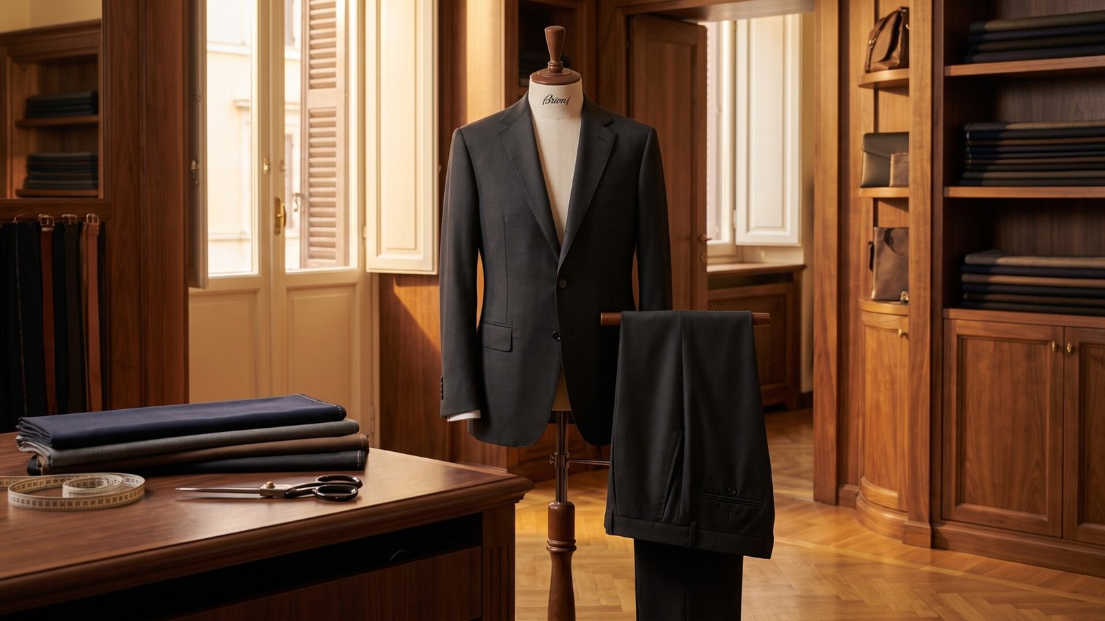 Brioni two-piece suit displayed on a mannequin inside an Italian sartoria beside tailoring shears and fabrics