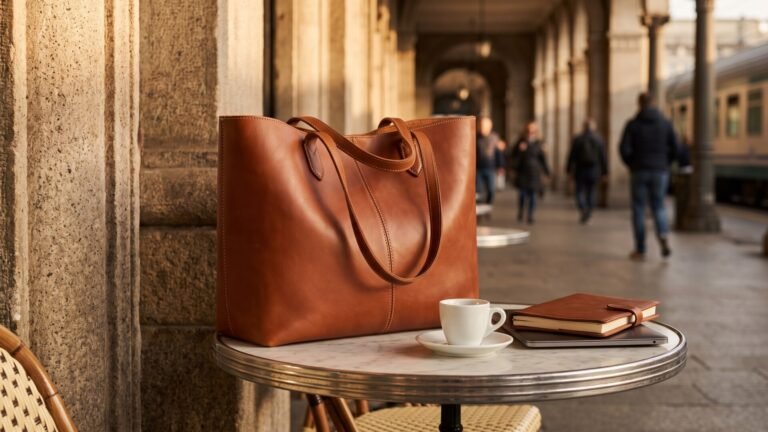 Brown Italian leather tote bag on an outdoor cafe table with an espresso and notebook at a train station