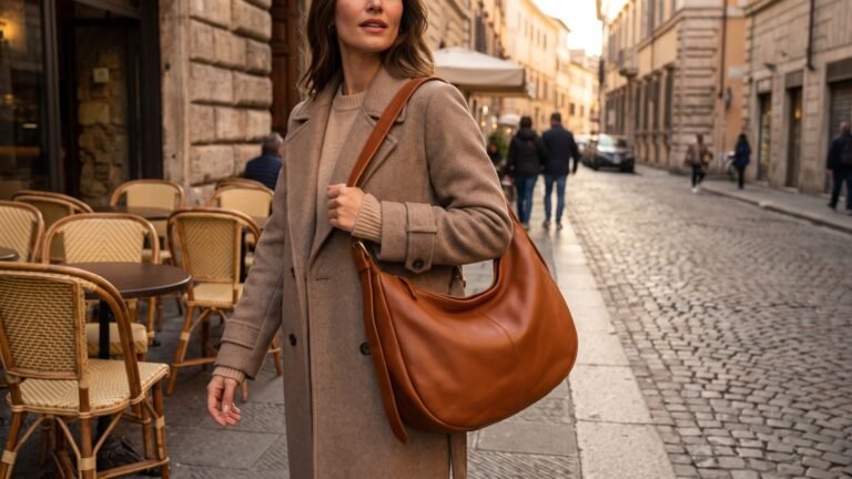 Woman in a beige coat carrying a slouchy brown Italian leather hobo bag along a cobblestone city street