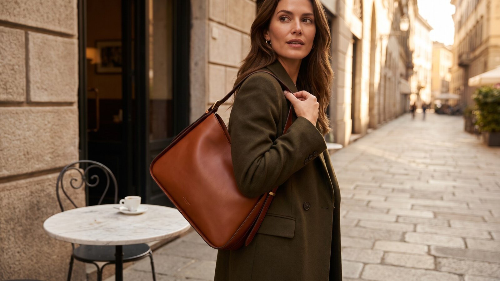 Woman in a green coat carrying a smooth brown leather Italian shoulder bag outside a café on a cobblestone street