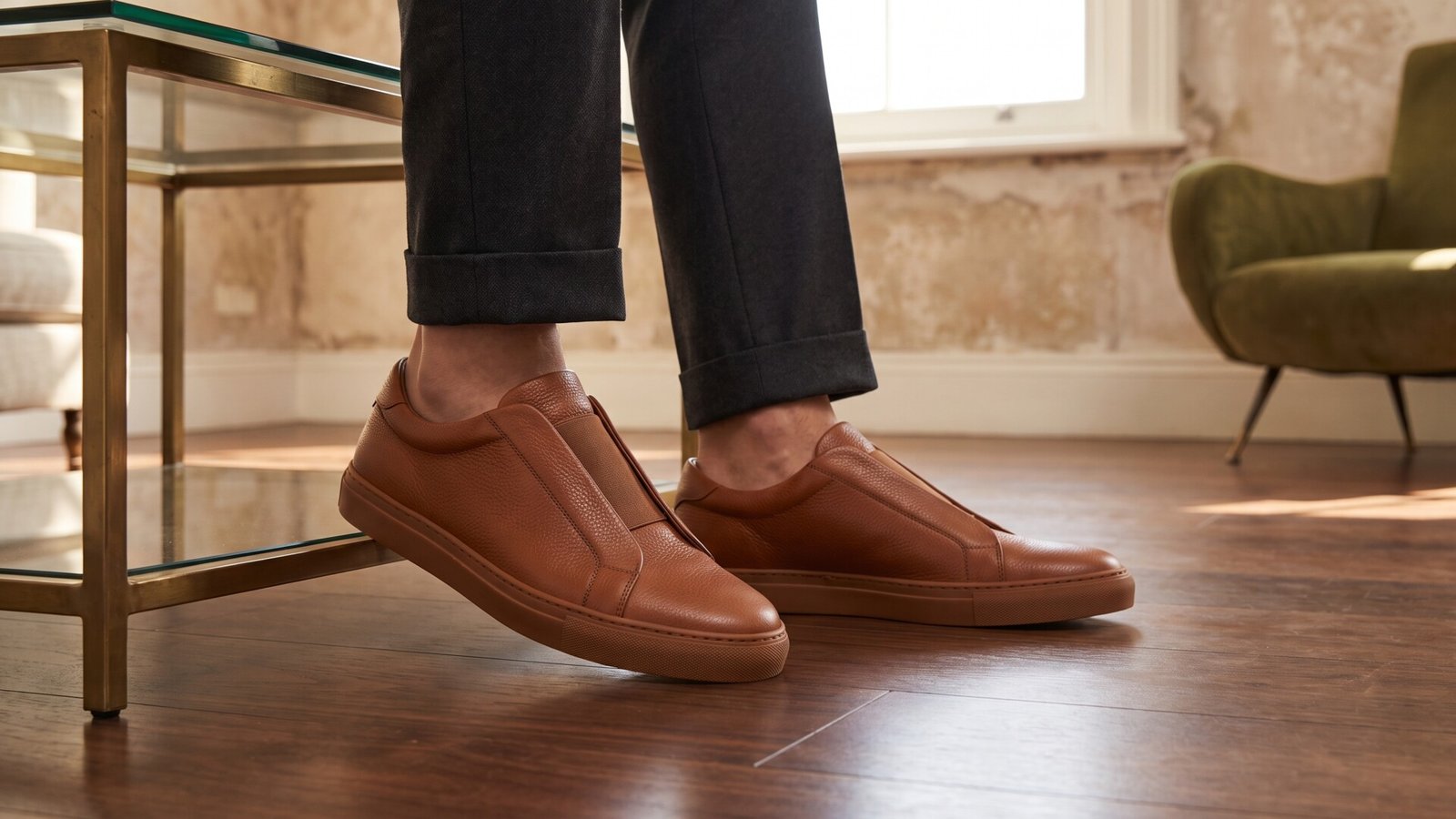 Brown leather slip-on sneakers styled with cuffed charcoal trousers in an upscale lounge setting