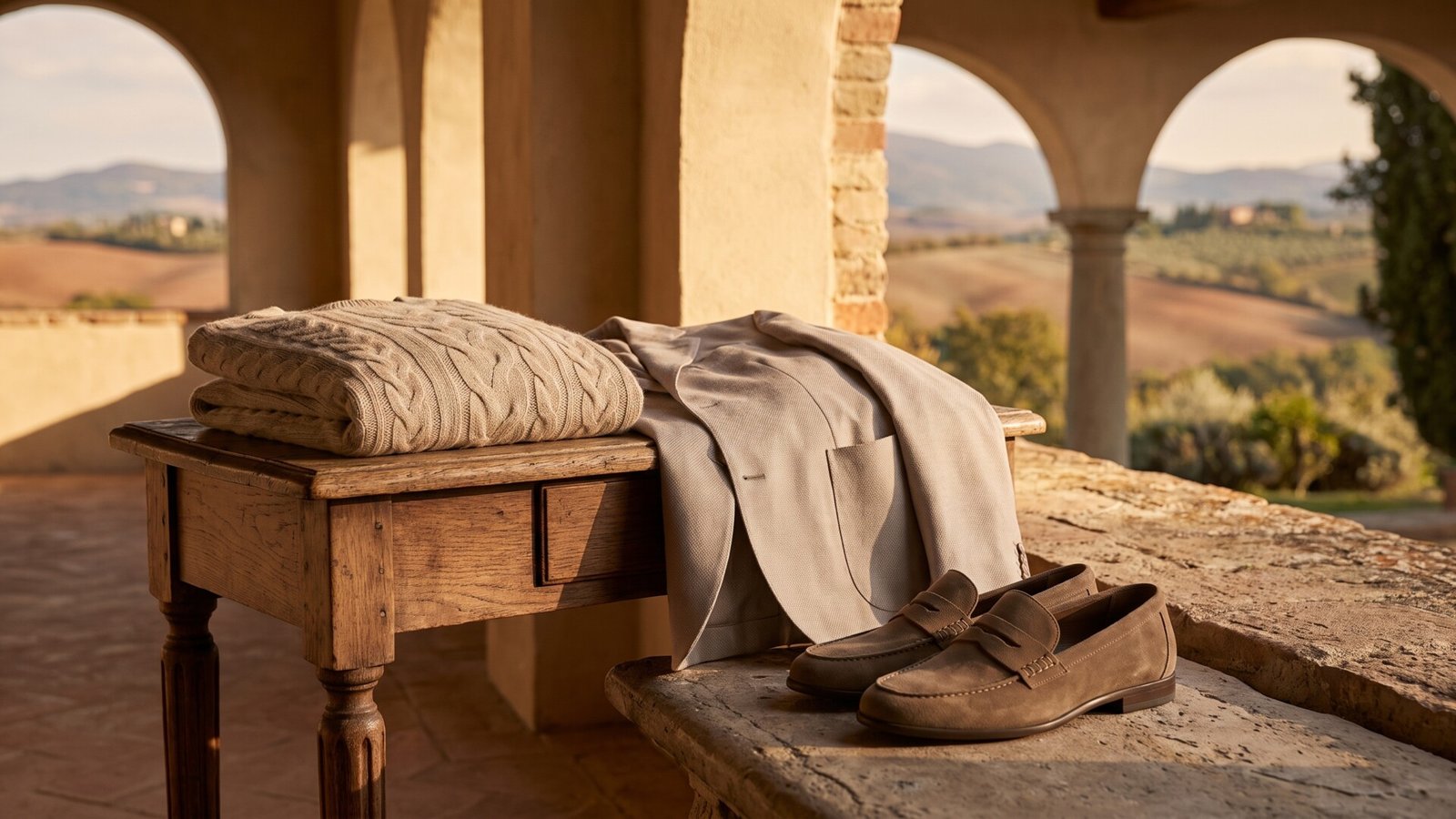 Neutral cashmere knit sweater, tailored blazer, and suede loafers displayed on a terrace overlooking Italian hills