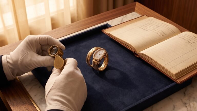 Gloved hands holding a loupe near a gold Bulgari Serpenti watch on a navy tray beside an open ledger