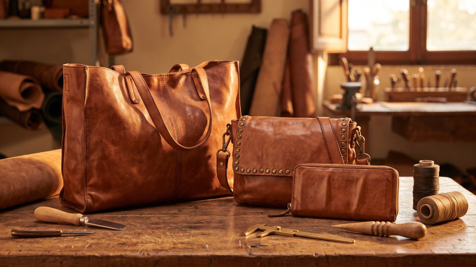 Handcrafted vintage leather tote bag, studded crossbody purse, and wallet on a rustic workbench with artisan tools