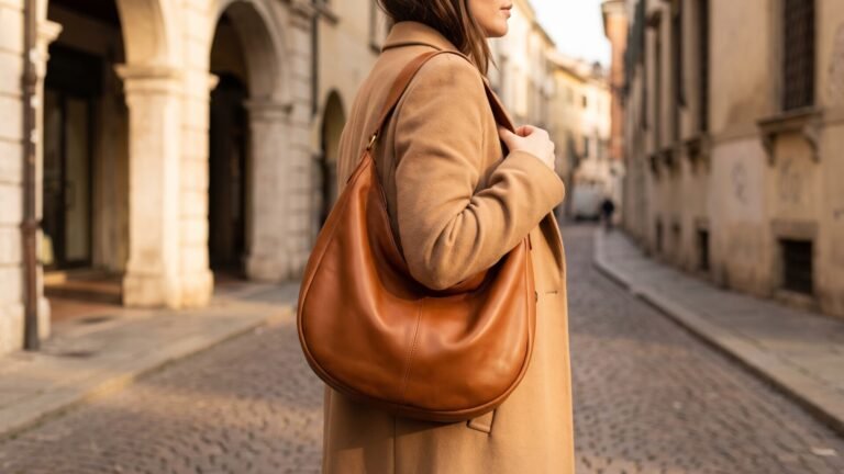 Woman in a camel coat carrying a caramel brown Italian leather hobo bag on a cobblestone street