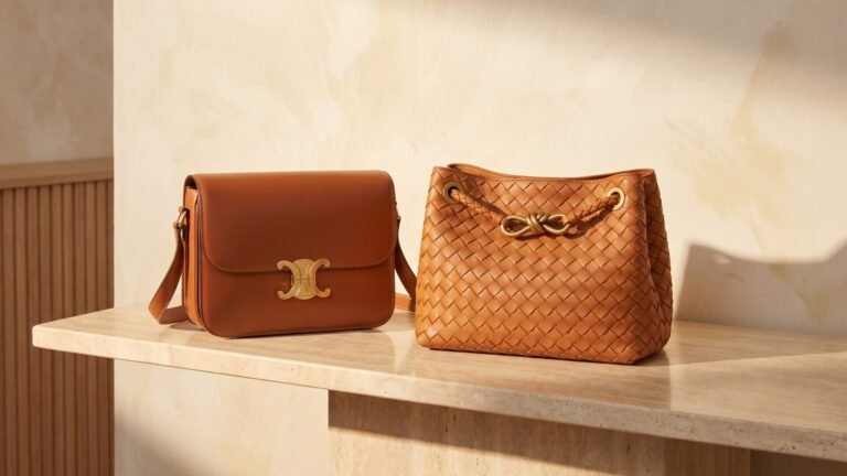 Brown leather Celine Triomphe bag and woven Bottega Veneta Andiamo tote displayed on a travertine console