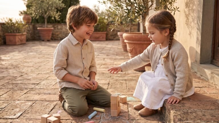 Two children wearing understated linen and cotton outfits play with wooden blocks on a sunny stone patio
