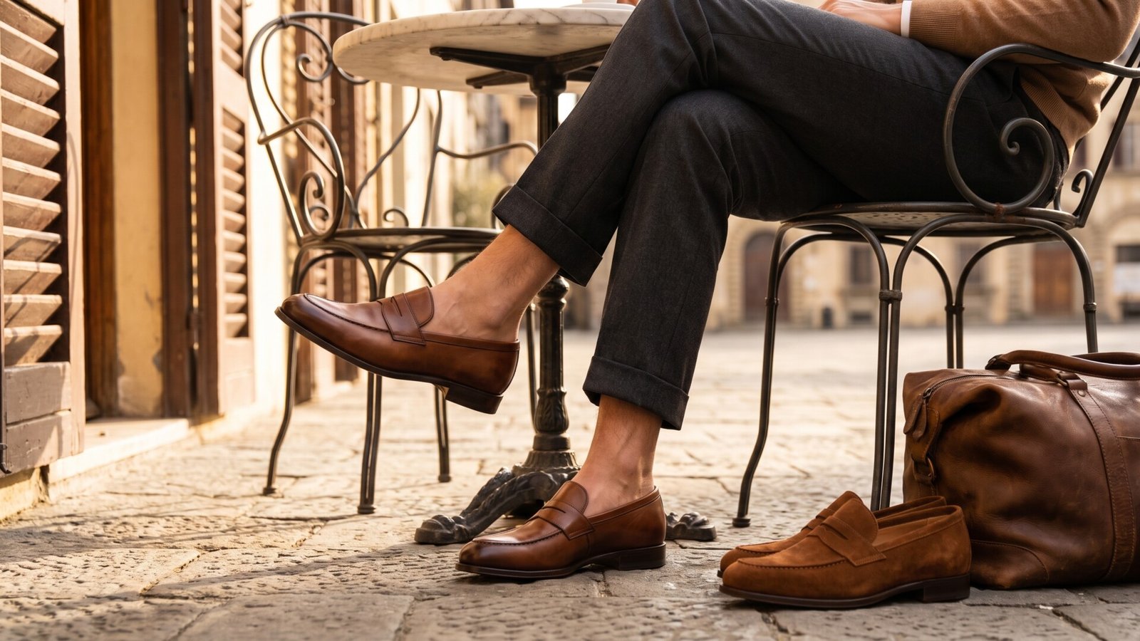 Man wearing polished brown Italian leather loafers at an outdoor cafe terrace beside a pair of suede shoes