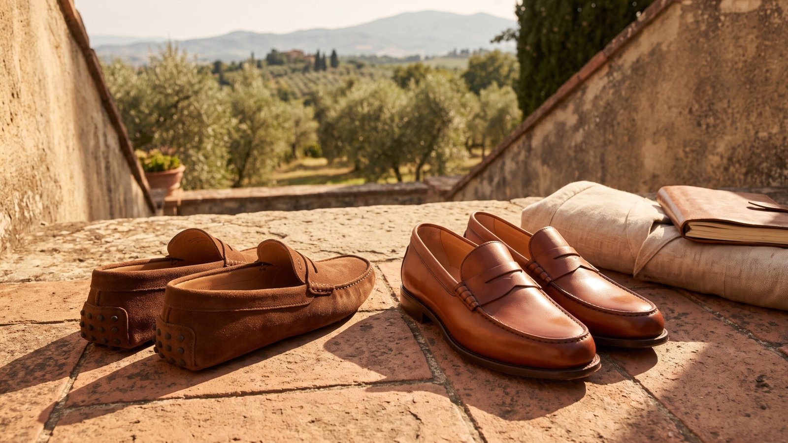 Tod's brown suede driving shoes and leather penny loafers resting on a terracotta terrace in the Italian countryside