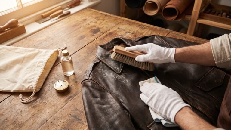 Gloved specialist brushing white mold spores off a dark brown leather jacket on a rustic wooden workshop table