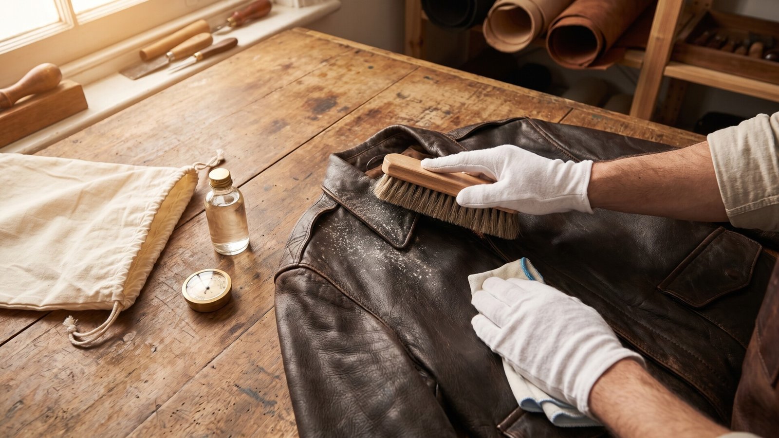 Gloved specialist brushing white mold spores off a dark brown leather jacket on a rustic wooden workshop table