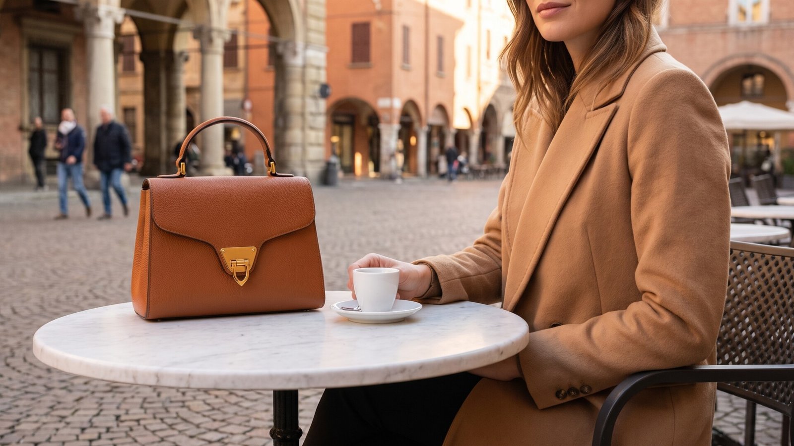 Structured tan Coccinelle leather handbag on an outdoor marble cafe table beside an espresso cup