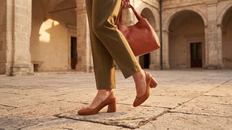 Woman walking through a stone courtyard in tan leather block heels, olive trousers, and a handbag