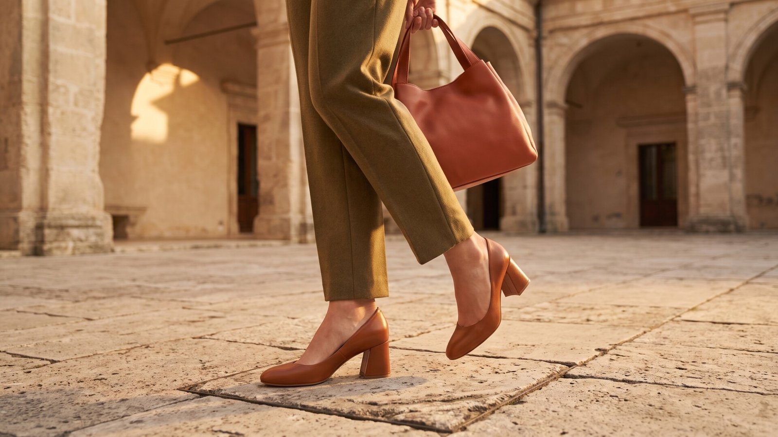 Woman walking through a stone courtyard in tan leather block heels, olive trousers, and a handbag