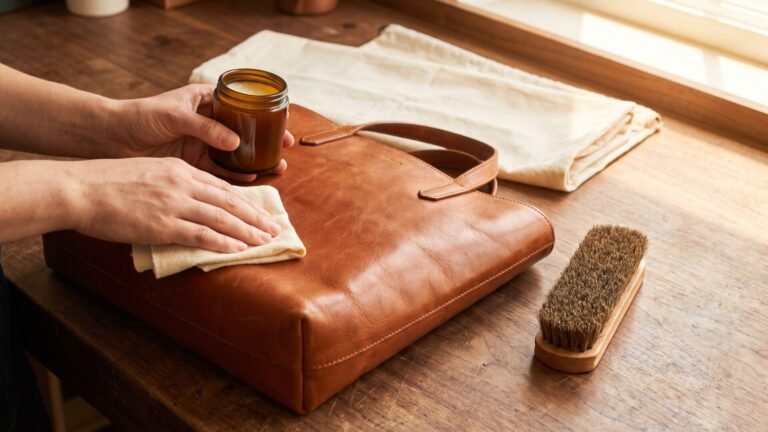 Person applying conditioning balm with a soft cloth to a brown leather tote bag beside a horsehair brush