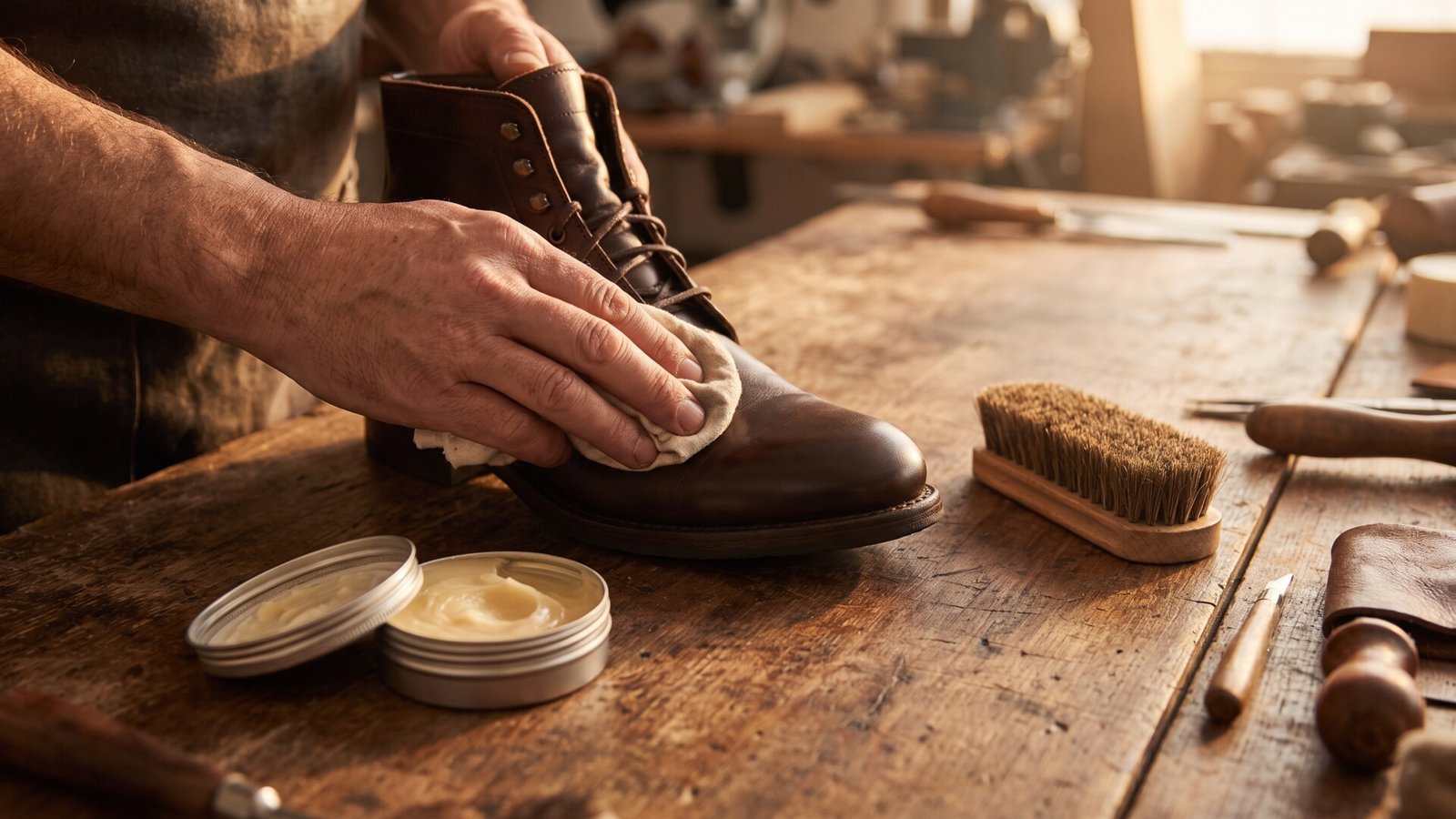 Hands applying conditioning wax with a cloth to a brown Italian leather boot on a rustic wooden workbench