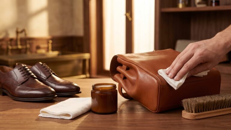 Hand applying leather conditioner with a soft cloth to a tan Italian leather bag beside polished dress shoes