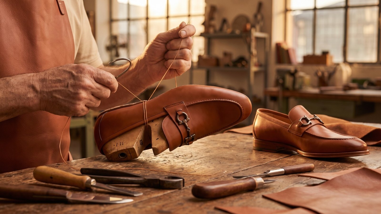 Italian artisan hand-stitching a brown leather loafer on a wooden last at a traditional workshop bench