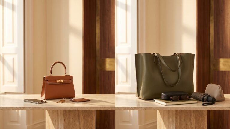 A structured brown mini bag and a large olive green leather tote displayed side by side with daily essentials