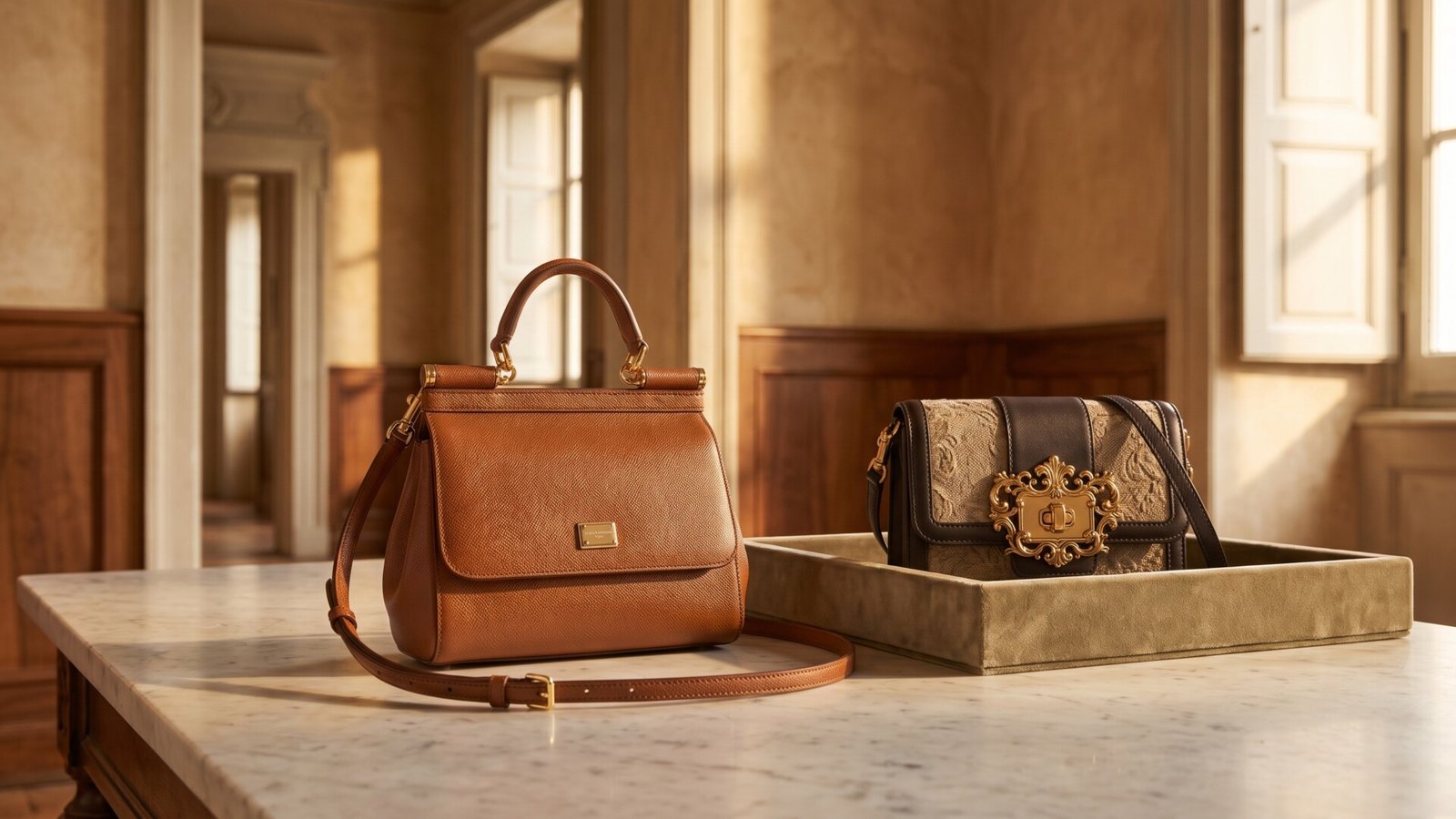 Brown leather Dolce and Gabbana crossbody bag and ornate baroque purse displayed on a marble table